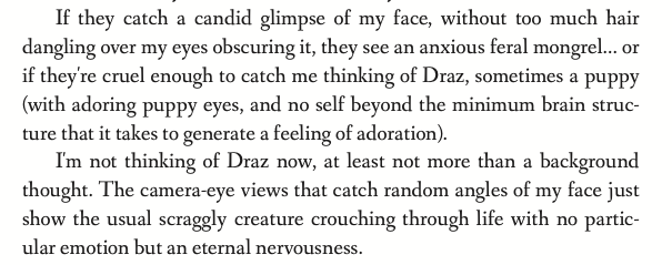 If they catch a candid glimpse of my face, without too much hair dangling over my eyes obscuring it, they see an anxious feral mongrel... or if they're cruel enough to catch me thinking of Draz, sometimes a puppy (with adoring puppy eyes, and no self beyond the minimum brain structure that it takes to generate a feeling of adoration).I'm not thinking of Draz now, at least not more than a background thought. The camera-eye views that catch random angles of my face just show the usual scraggly creature crouching through life with no particular emotion but an eternal nervousness.