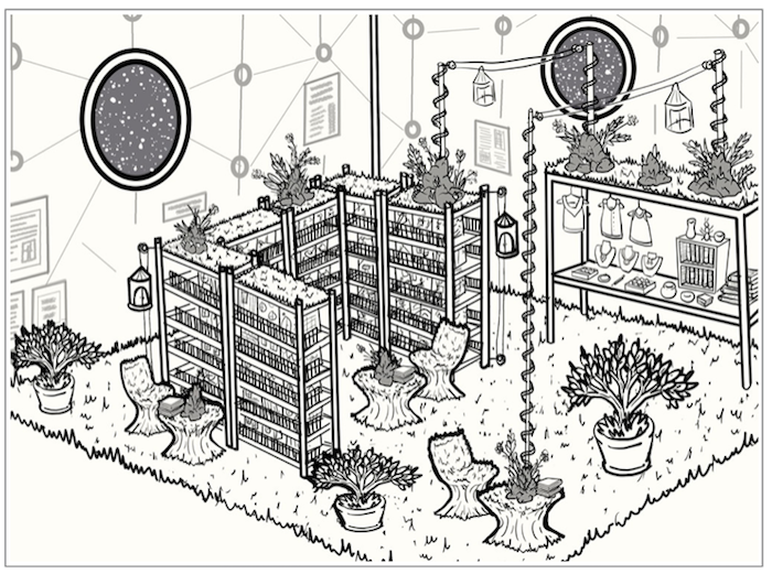 A large room, carpeted, with several potted trees, chairs and tables covered in fuzzy draping. Centerpoint of room is a U-shaped, 5-story miniature apartment building made of shelves. Its roof is covered with grass-like carpet and mountain-like planters with small houseplants. Tiny elevators lead between shelves. Tiny cable cars and staircases lead from apartment roof onto the tables, and to a gift-shop shelf full of jewelry, books and crafts.