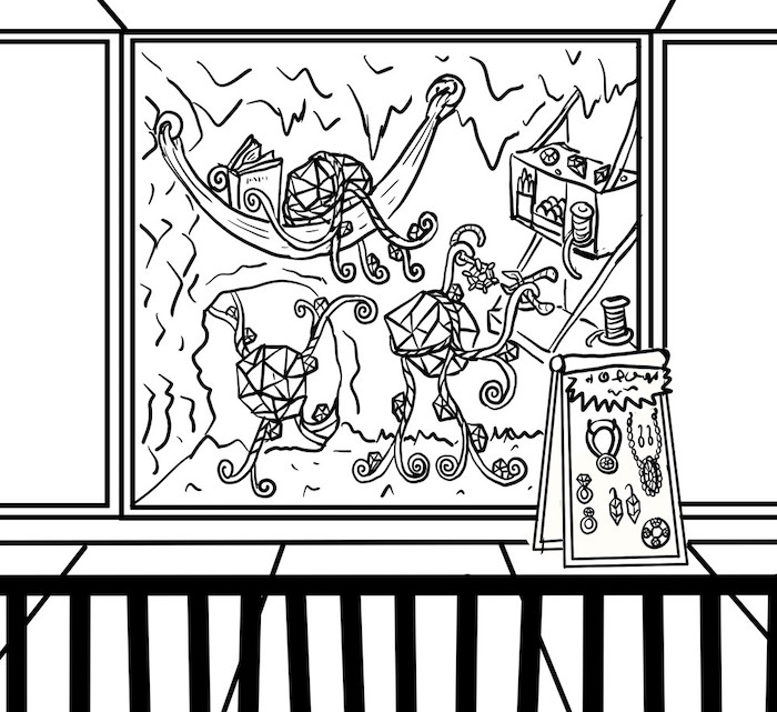 Drawing of the one-room apartment. The walls, floor and ceiling have the texture of a cave, rough and with protrusions resembling stalactites. Apartment is completely open on the front, and a stand with jewelry hanging on it has been placed on the walkway outside. Behind the stand is a workbench, attached to the right wall. Above it, a row of cubbies hold jewelry-making supplies. One of the creatures is standing at the workbench, using a pair of pliers to set a gemstone in a setting. The creature looks like a large roundish crystal with several thin branching tentacles that end in spirals. Smaller crystals grow at various points on the tentacles. There are two other similar creatures. One is resting in a hammock that hangs from the ceiling, holding a book in two of its tentacles. The other is leaving the apartment by the back door, a small round opening like the mouth of a cave.