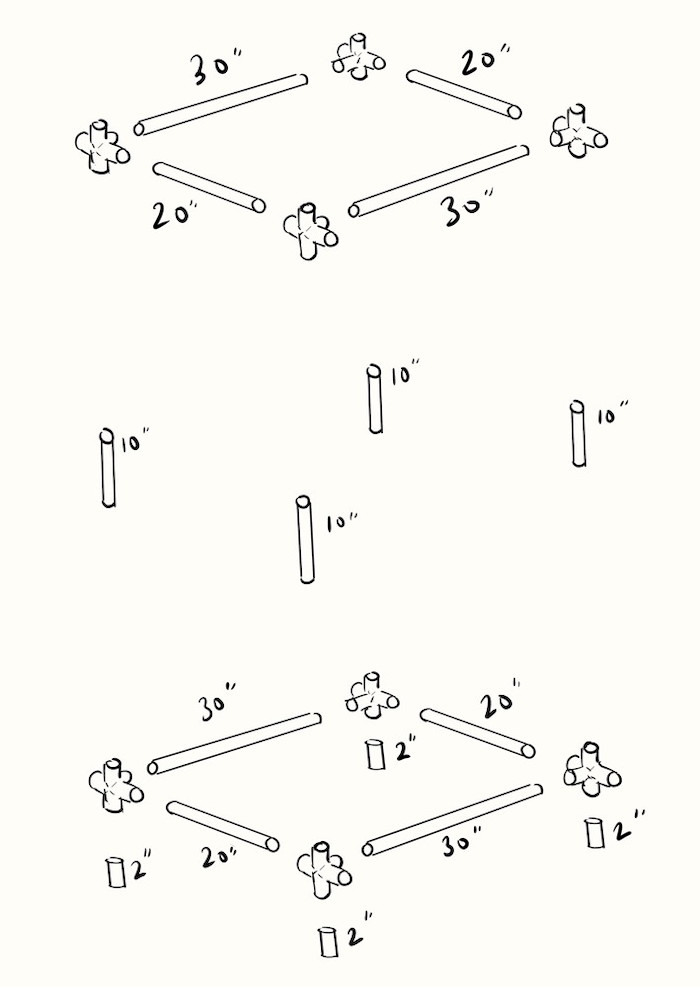 Drawing of the aforementioned pieces arranged in the order they will be assembled