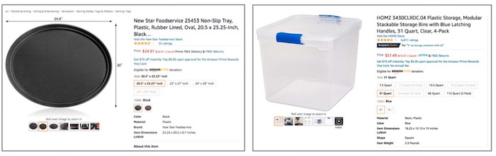 screenshot of oval tray and rectangular bin on Amazon