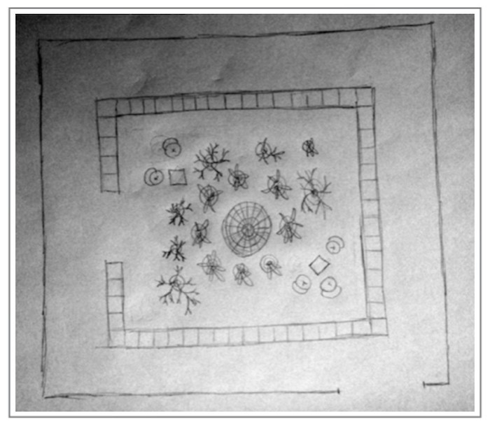 Map from above, of a large rectangular wall of apartments that surrounds a courtyard with seating areas